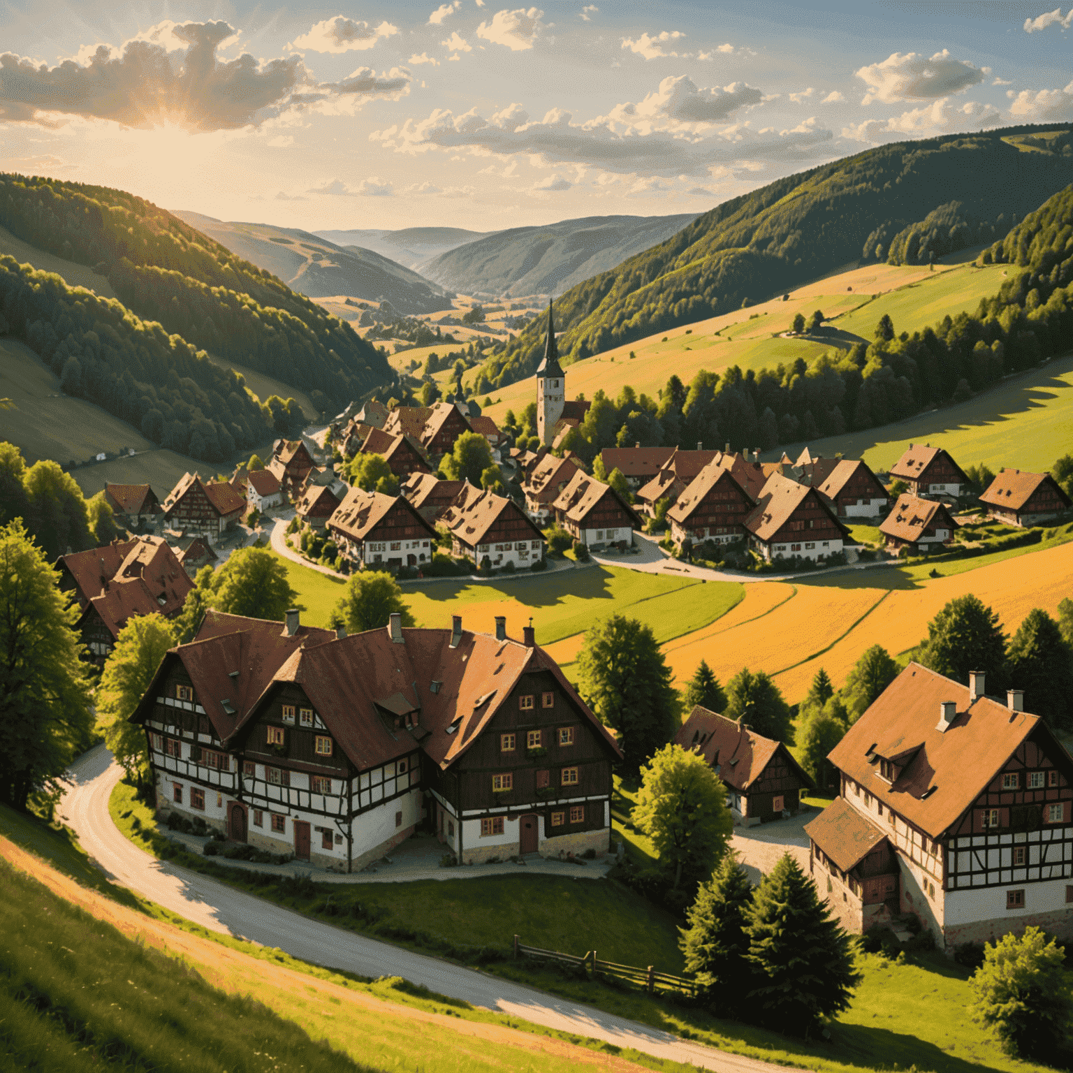 Panoramablick auf eine malerische deutsche Landschaft mit sanften Hügeln, einem verschlafenen Dorf im Tal und einem dichten Wald im Hintergrund. Die Szene ist in warmes, goldenes Sonnenlicht getaucht, das die traditionellen Fachwerkhäuser und die umliegende Natur hervorhebt.