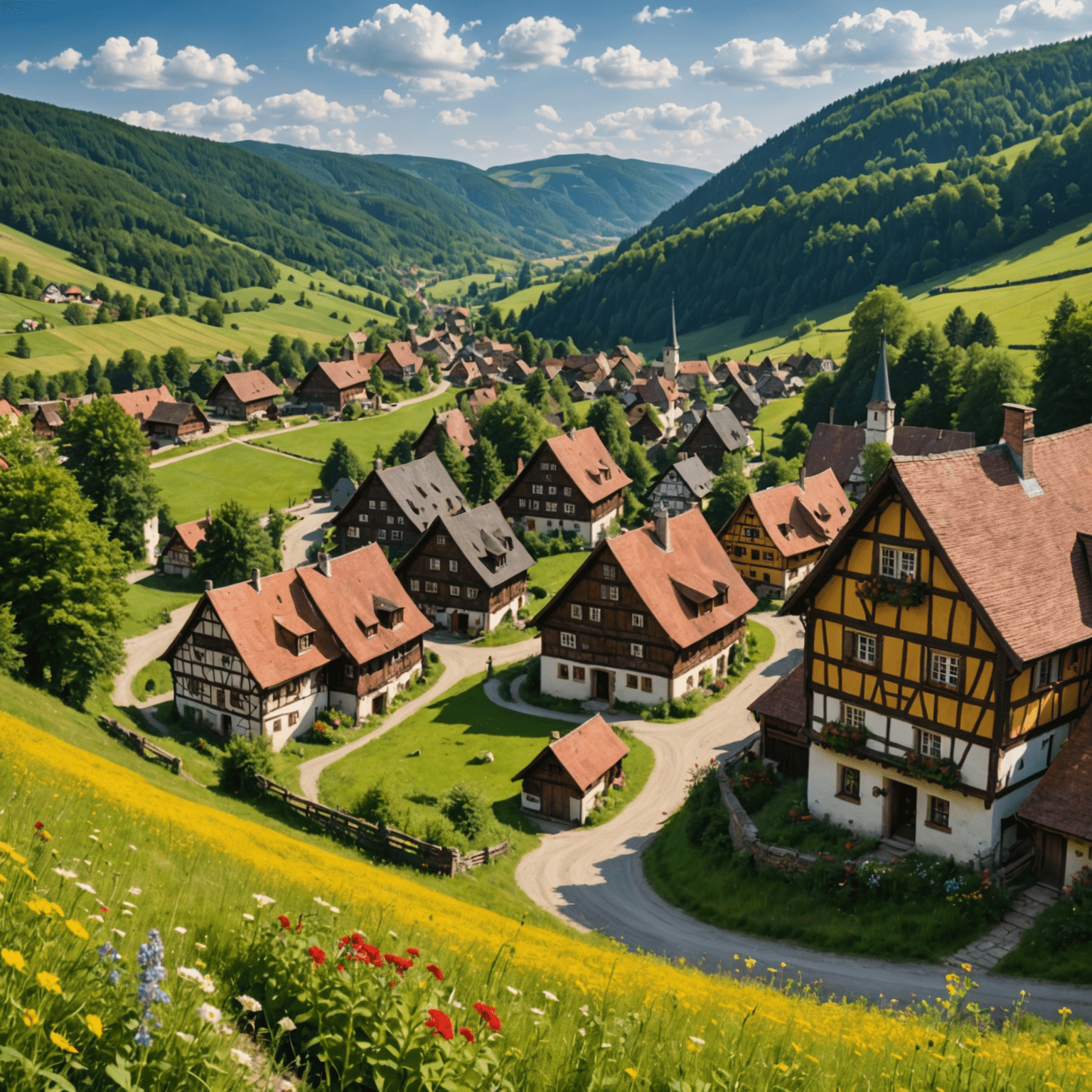 Panoramablick auf ein abgelegenes deutsches Dorf, umgeben von sanften Hügeln und dichten Wäldern. Im Vordergrund sind bunte Wildblumen zu sehen, die einen Kontrast zu den traditionellen Fachwerkhäusern im Hintergrund bilden.