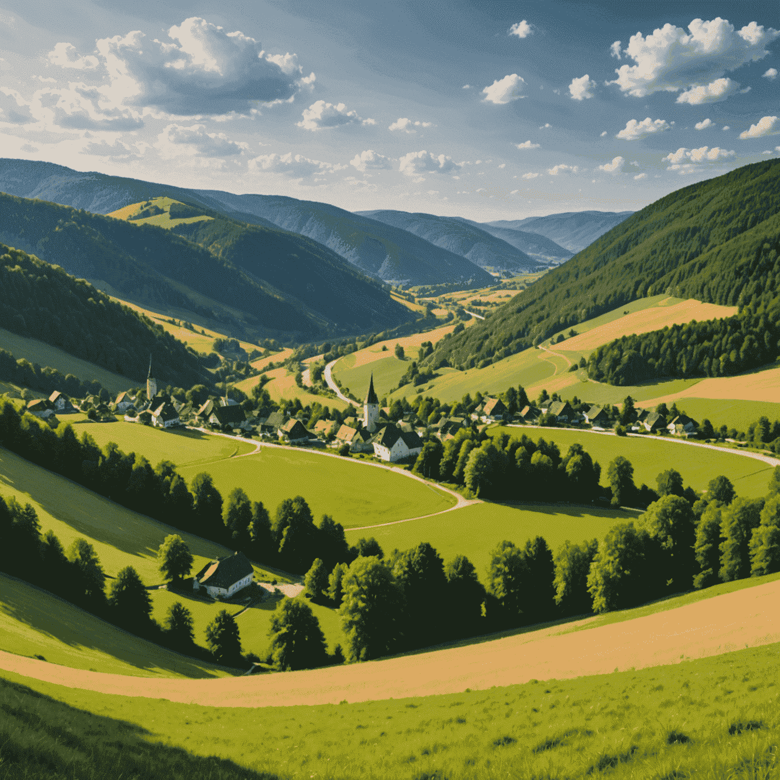 Panoramablick über eine malerische deutsche Landschaft mit sanften Hügeln, Wäldern und einem kleinen Dorf im Tal