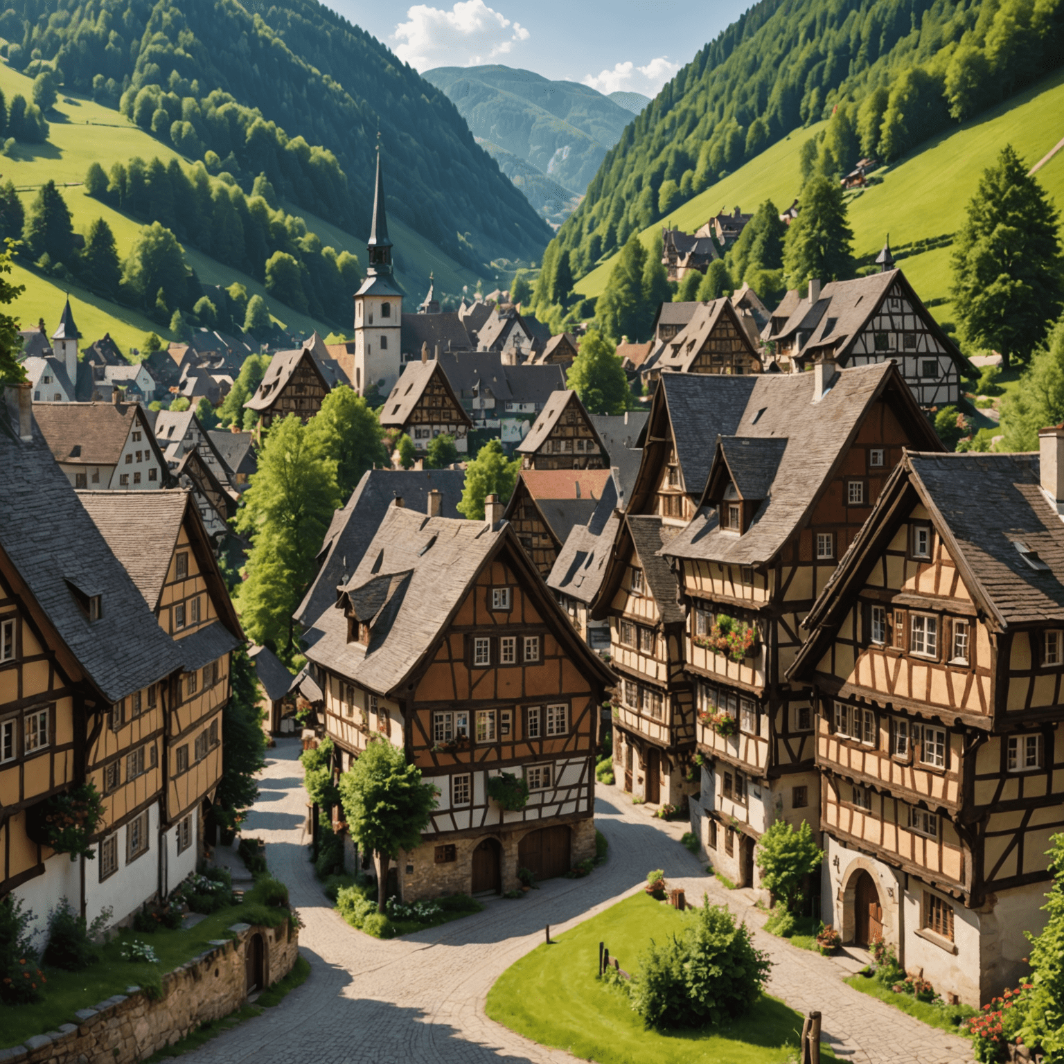 Malerisches deutsches Dorf mit Fachwerkhäusern, umgeben von sanften Hügeln und Wäldern