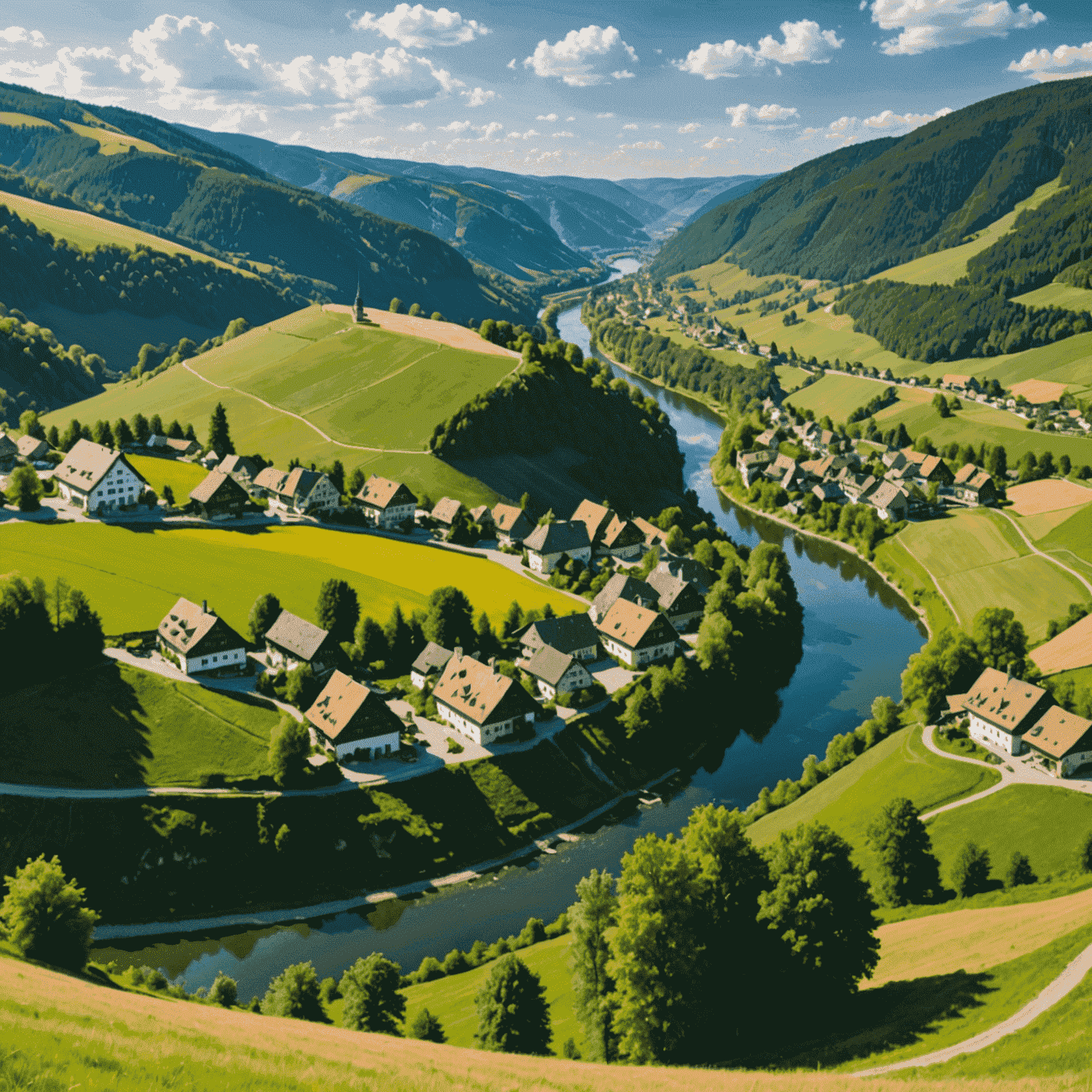A breathtaking panoramic view of a German landscape featuring rolling hills, a picturesque village nestled in a valley, and a winding river cutting through lush forests