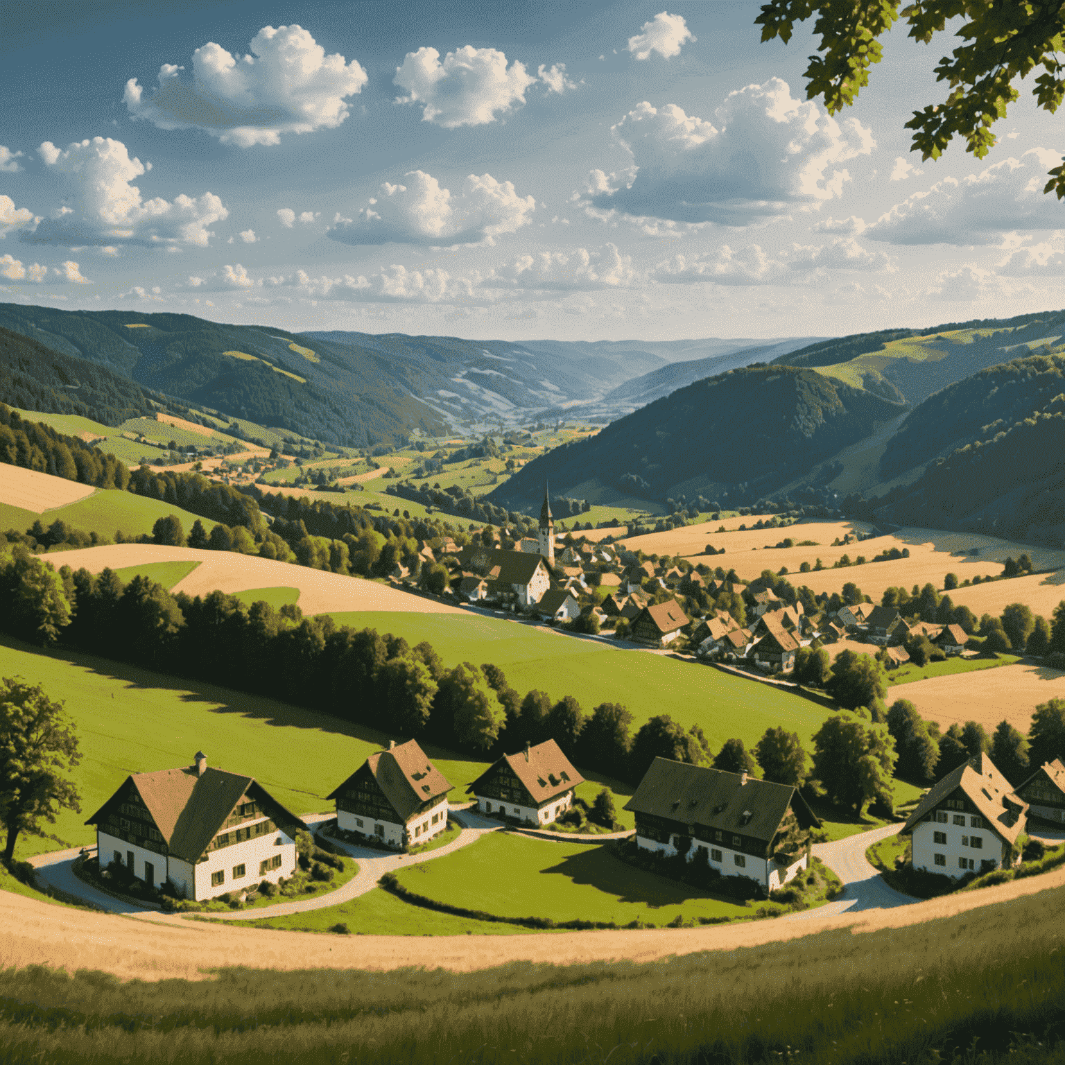 A breathtaking panoramic view of a German countryside with rolling hills, lush forests, and a picturesque village nestled in the valley