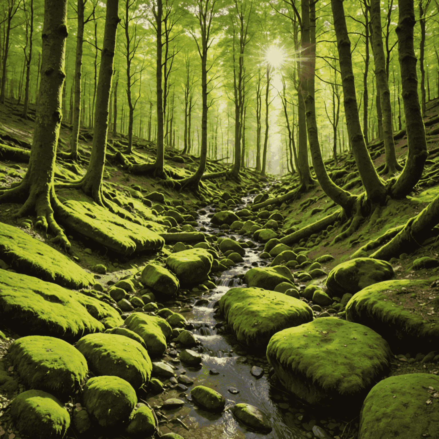 Ein malerischer deutscher Wanderweg, der durch einen dichten Wald führt. Sonnenstrahlen dringen durch das Blätterdach und beleuchten den mit Moos bedeckten Boden. Im Hintergrund ist ein kleiner Bach zu sehen, der über Felsen plätschert.
