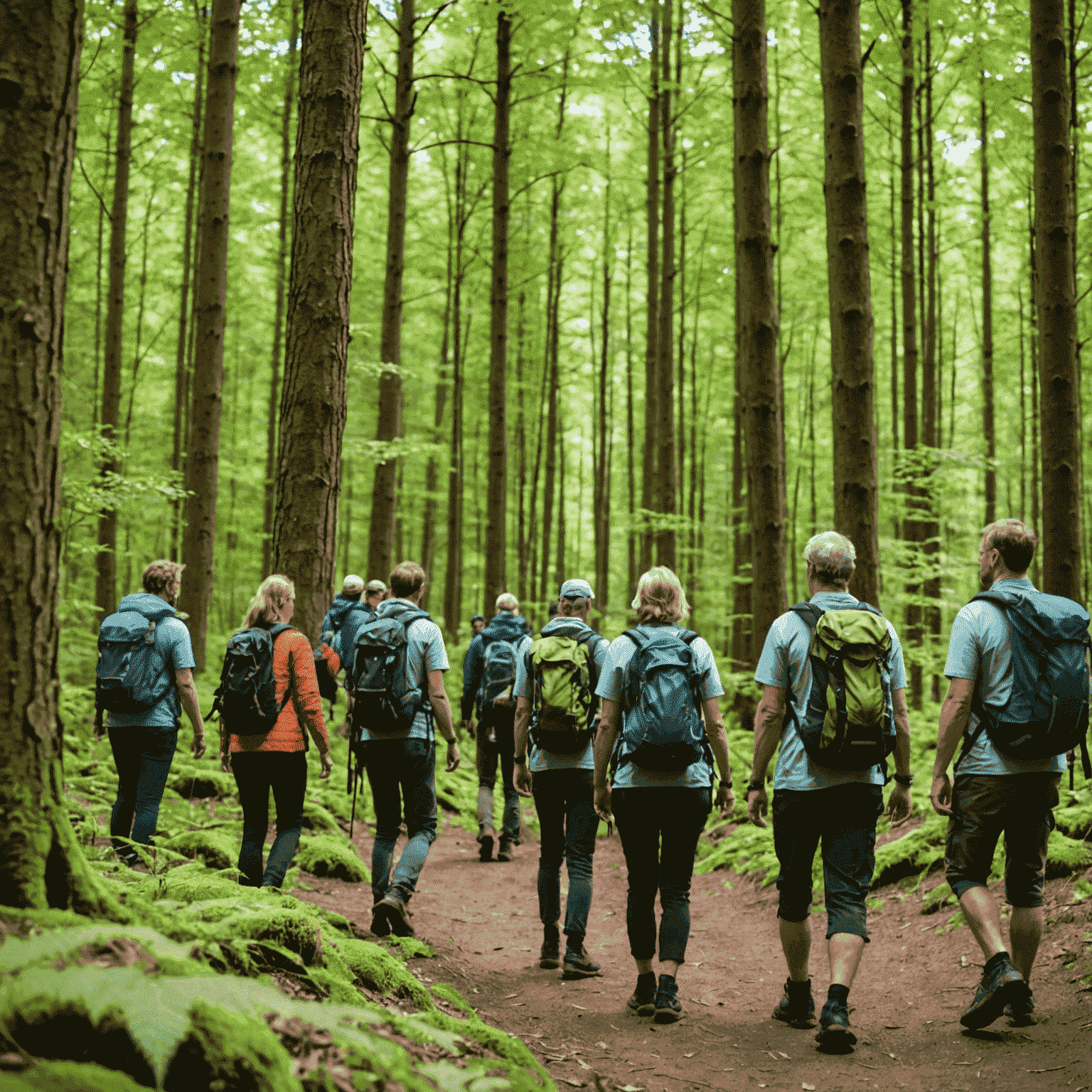 A group of hikers enjoying a guided nature tour through a protected German forest, demonstrating sustainable tourism practices