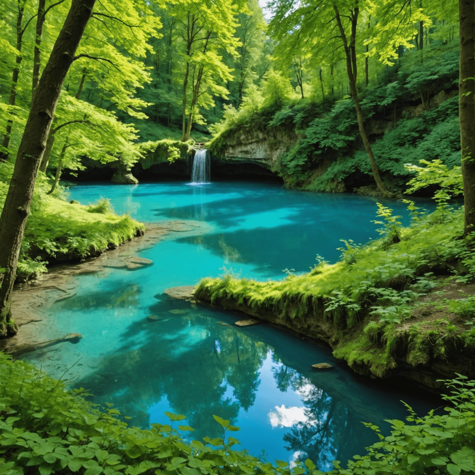 Malerischer Blick auf den Blautopf, eine türkisblaue Karstquelle in Blaubeuren, umgeben von üppigem Grün und felsigen Klippen.