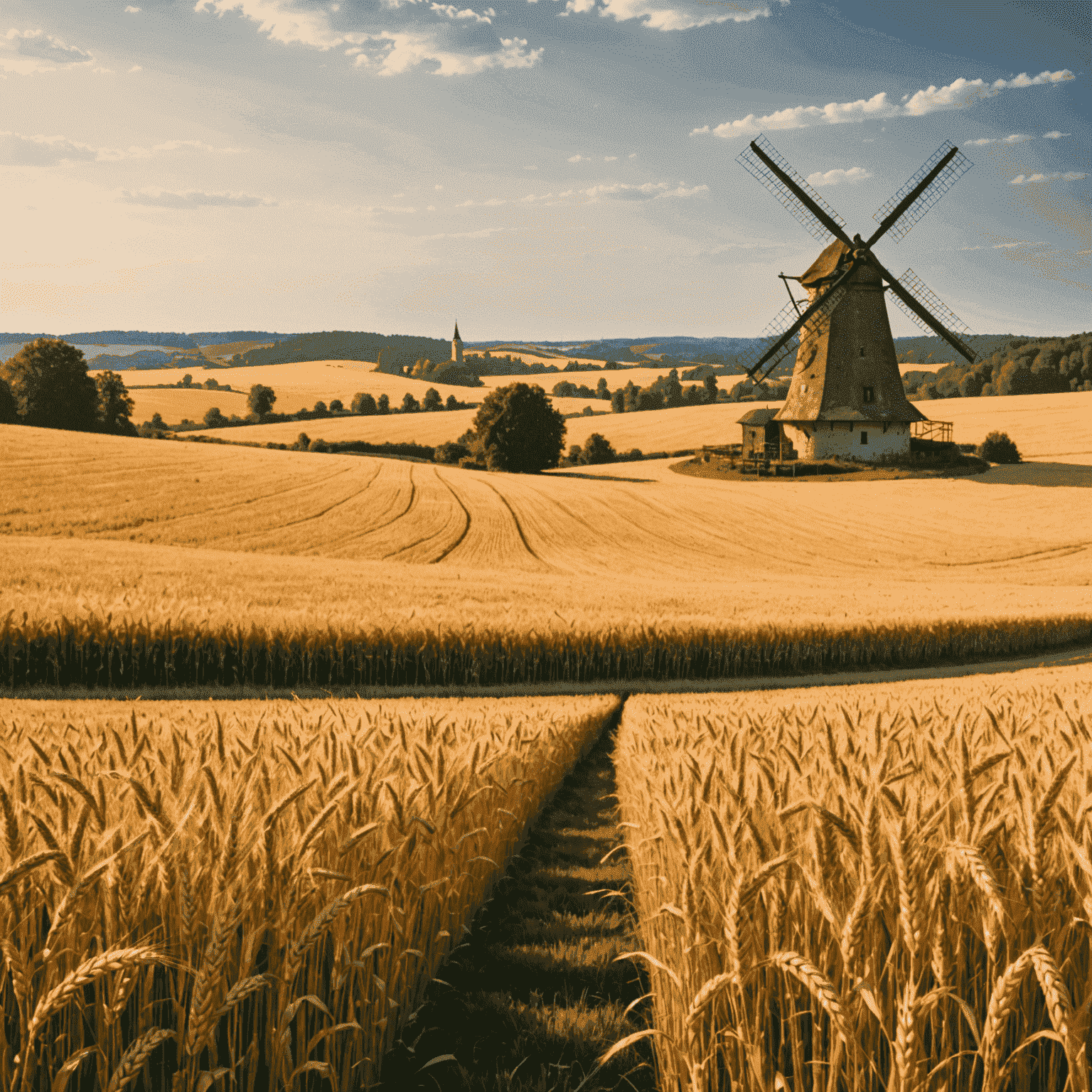 Sun-drenched wheat fields in rural Germany during summer, with a traditional windmill and distant forest