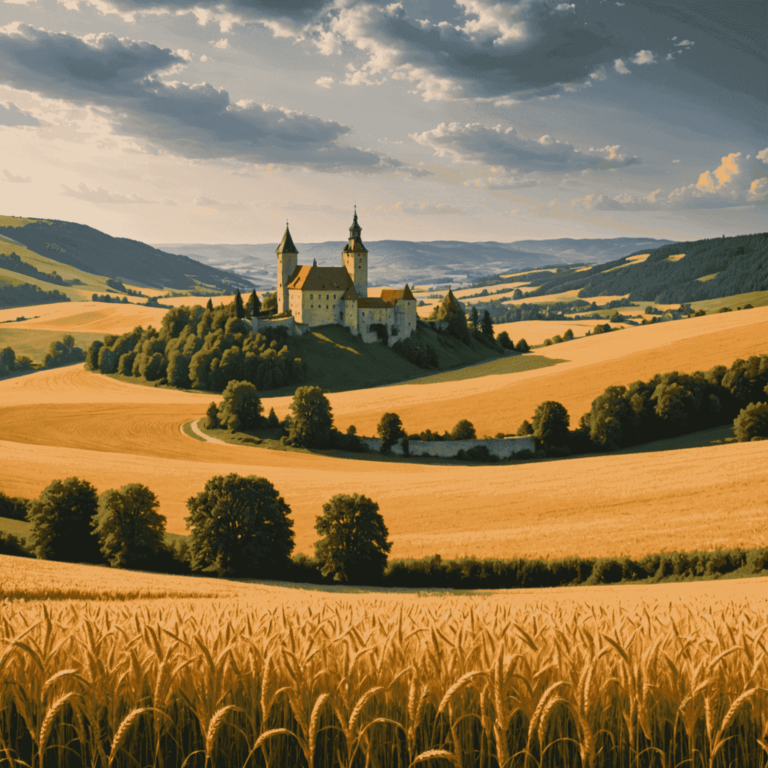 Ein atemberaubender Blick auf die deutsche Landschaft mit sanften Hügeln, einem alten Schloss im Hintergrund und einem goldenen Weizenfeld im Vordergrund