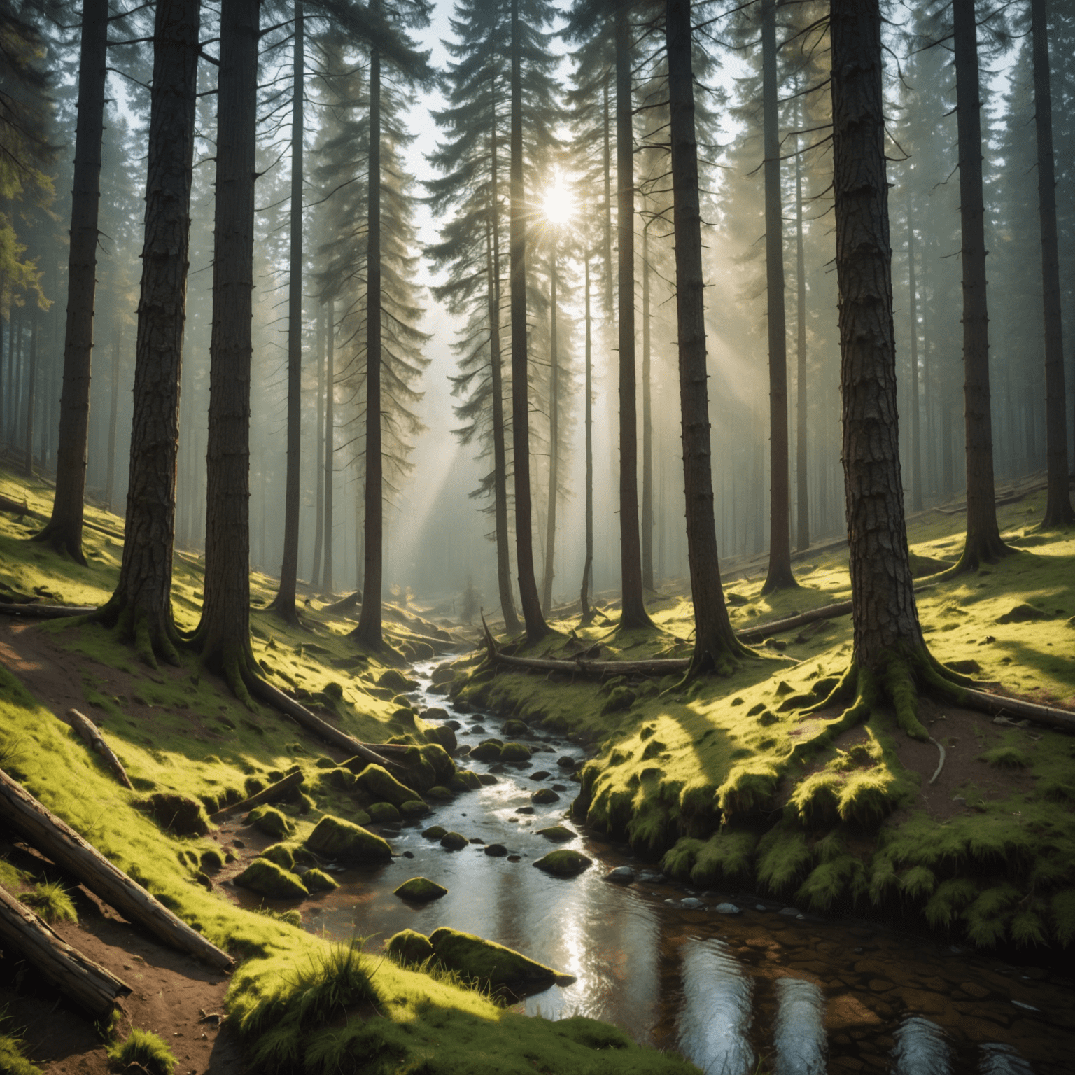 A misty morning in the Black Forest, with sunbeams filtering through ancient pine trees and a small stream winding through the foreground