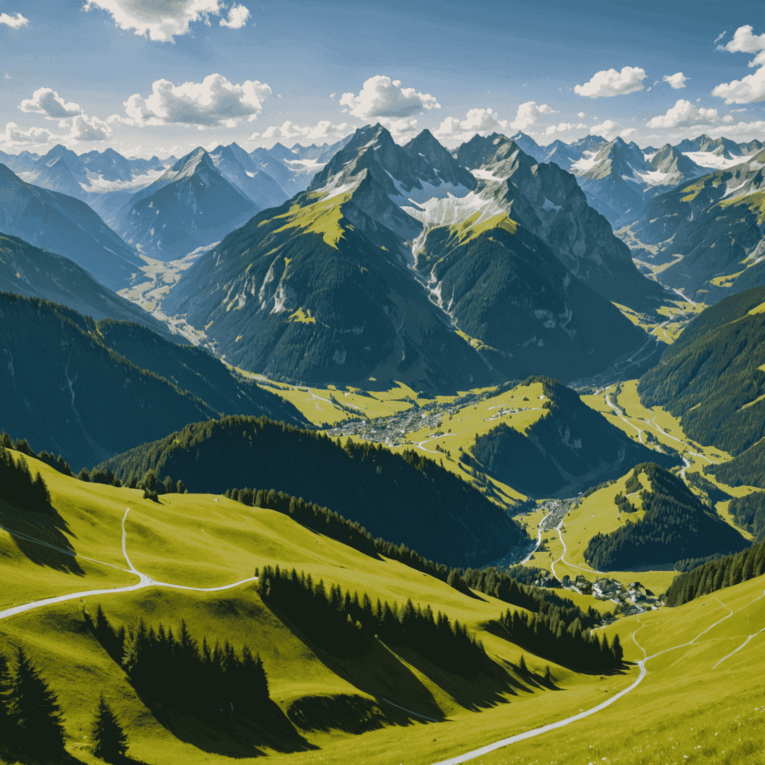 Atemberaubender Ausblick auf die deutschen Alpen mit schneebedeckten Gipfeln und grünen Tälern