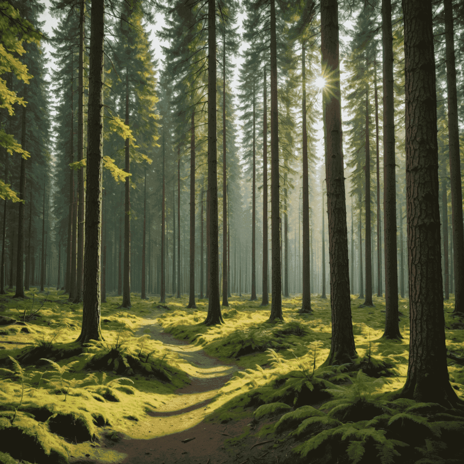 A serene forest scene in Germany with sunlight filtering through tall pine trees, showcasing the lush greenery and peaceful atmosphere of German woodlands