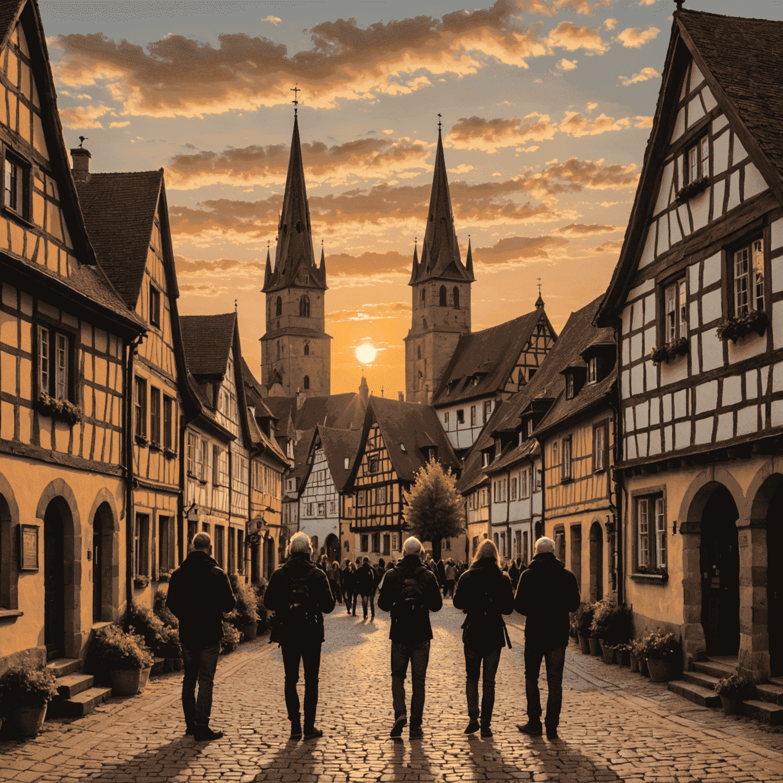 A group of photographers capturing the sunset over a picturesque German village, with half-timbered houses and a church spire in the background