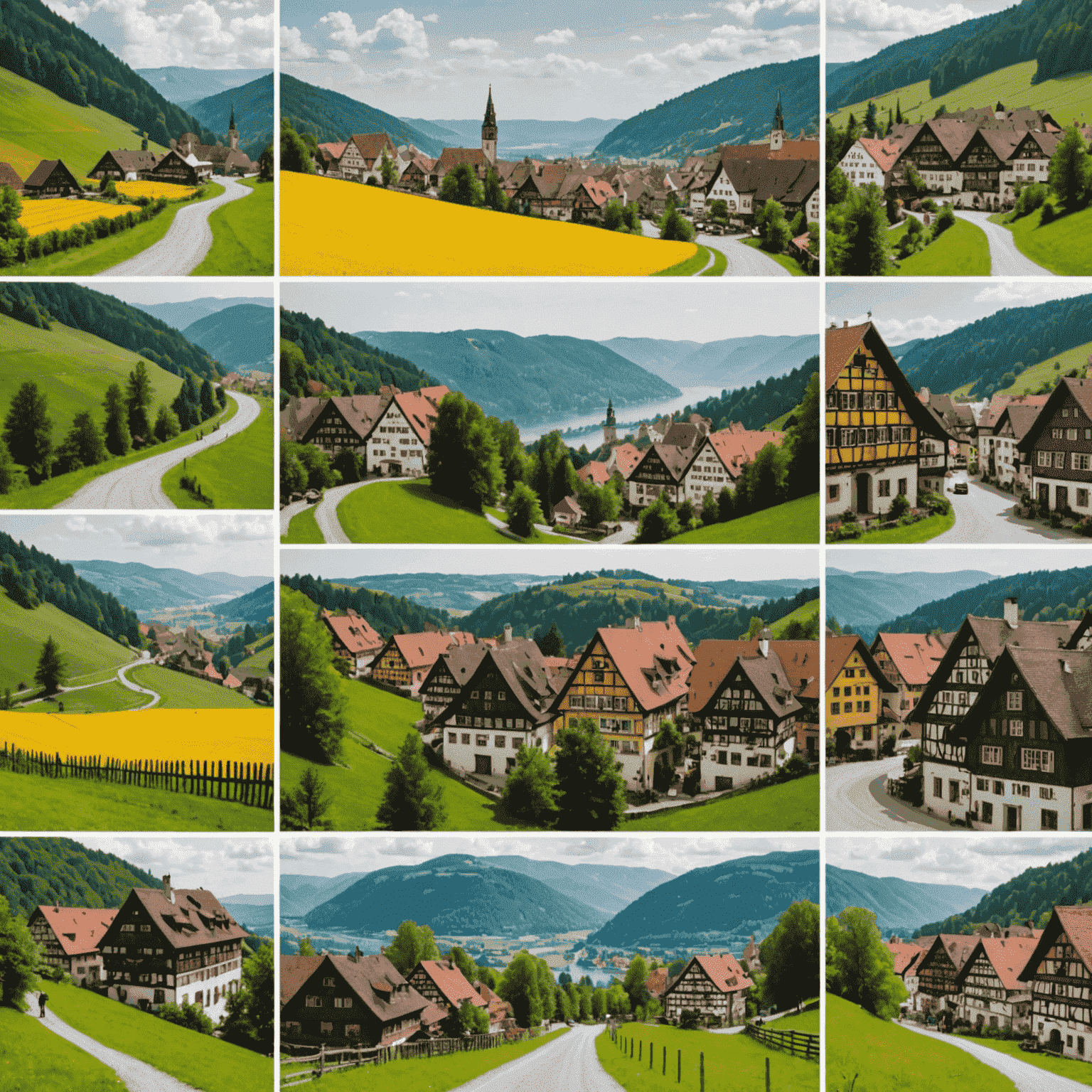 A collage of diverse German landscapes: a misty Black Forest trail, a serene Bavarian lake reflecting snow-capped Alps, a colorful row of half-timbered houses in Rothenburg ob der Tauber, and a sweeping view of terraced vineyards along the Rhine River.