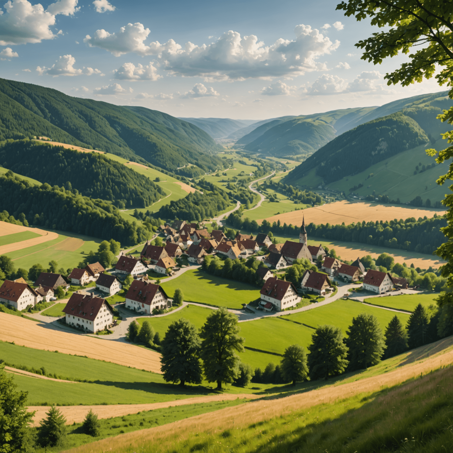 Ein Panoramablick auf eine malerische deutsche Landschaft mit sanften Hügeln, grünen Wäldern und einem kleinen Dorf im Tal. Im Vordergrund sind Naturschützer bei der Arbeit zu sehen.