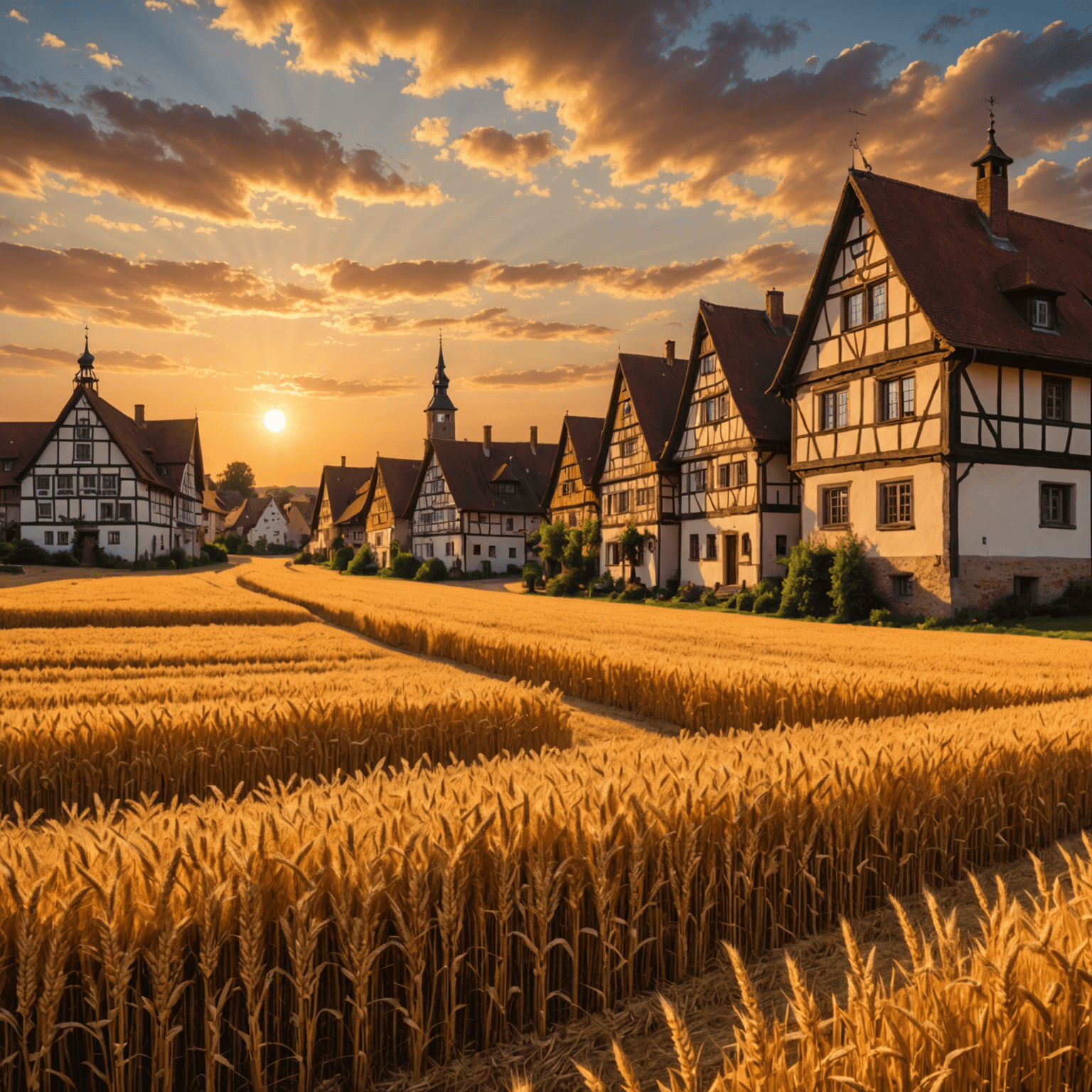 A stunning sunset over a perfectly preserved German village, with traditional half-timbered houses surrounded by golden wheat fields, symbolizing the harmonious future of landscape conservation in Germany