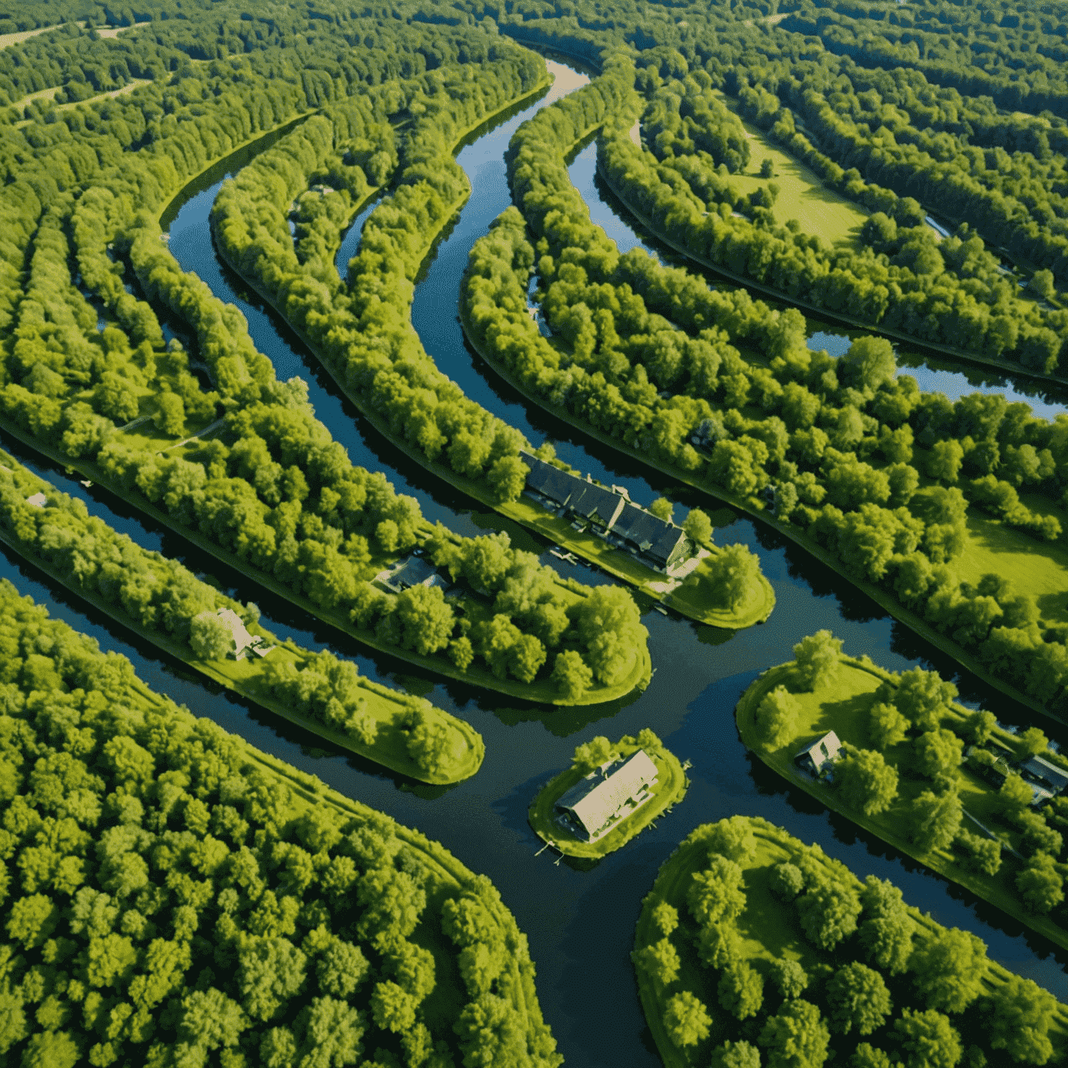 Luftaufnahme des Spreewalds mit seinen verschlungenen Wasserkanälen, grünen Wäldern und traditionellen Holzhäusern auf kleinen Inseln.