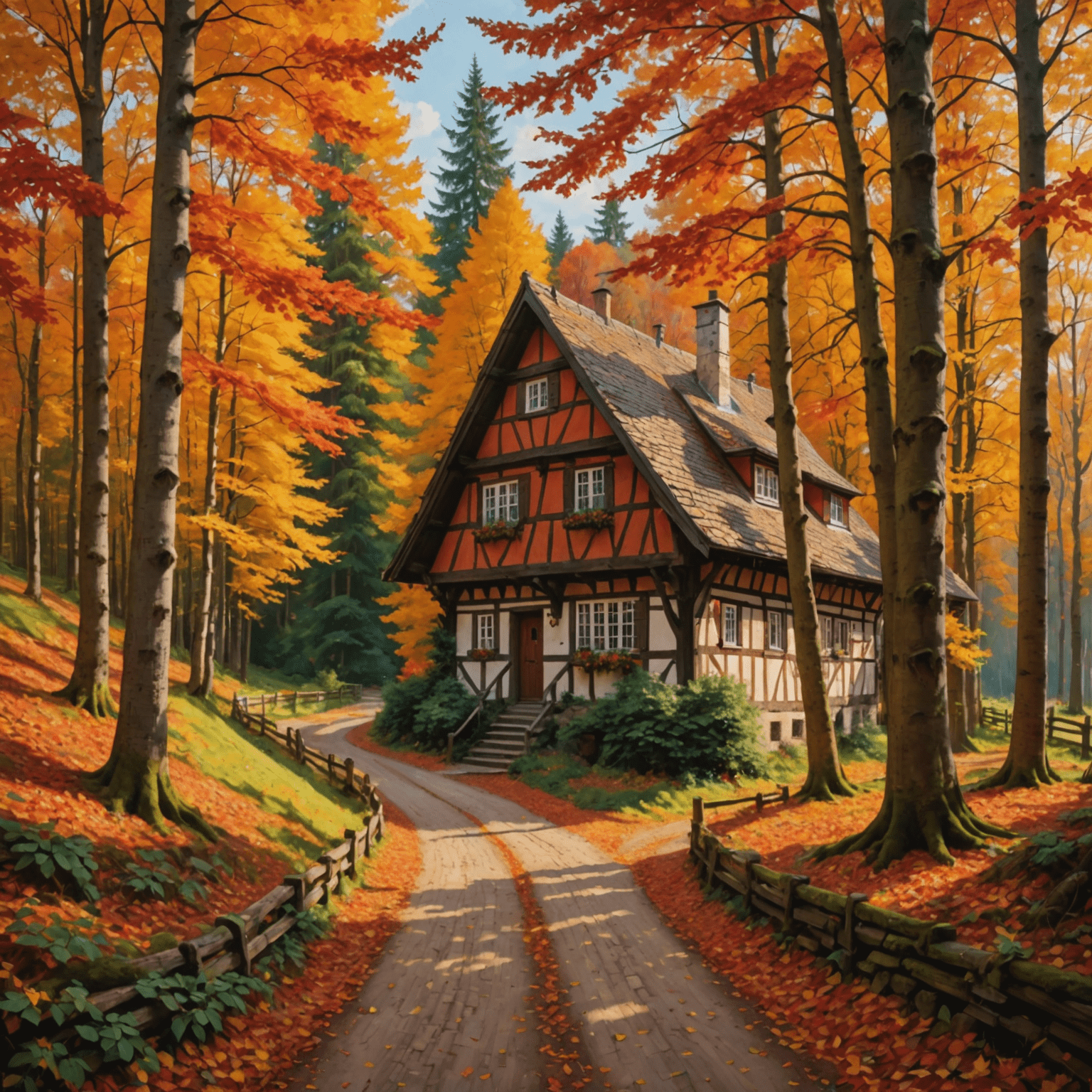 Autumn forest in Germany with vibrant red and orange foliage, a winding path leading to a half-timbered house