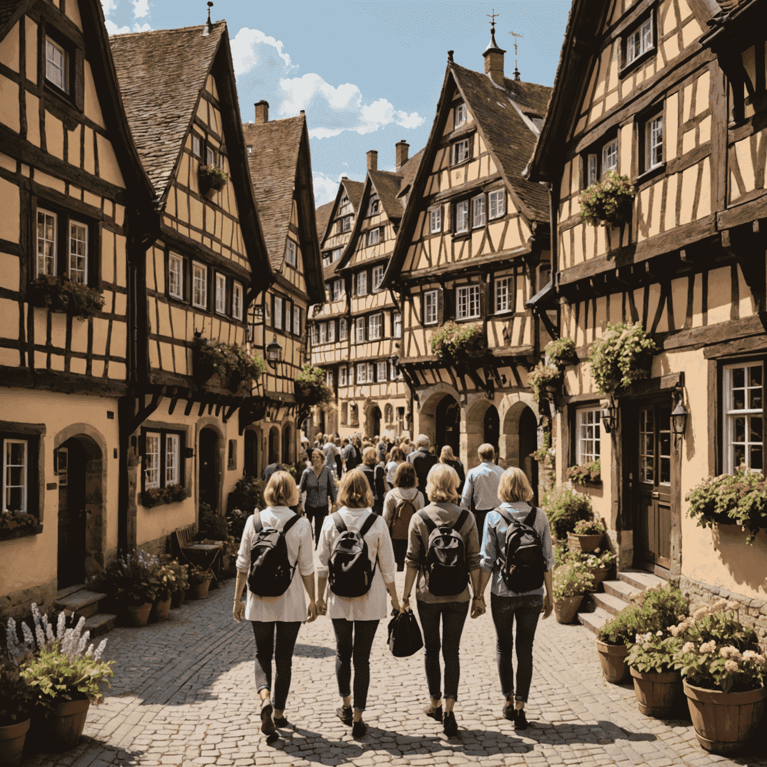 Eine Gruppe von Reisenden, die von einem lokalen Führer durch ein malerisches deutsches Dorf mit Fachwerkhäusern und blühenden Gärten geführt wird