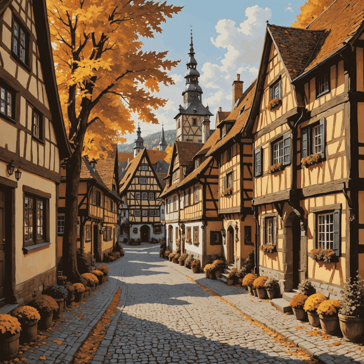 A picturesque German village with half-timbered houses lining a cobblestone street, framed by colorful autumn foliage