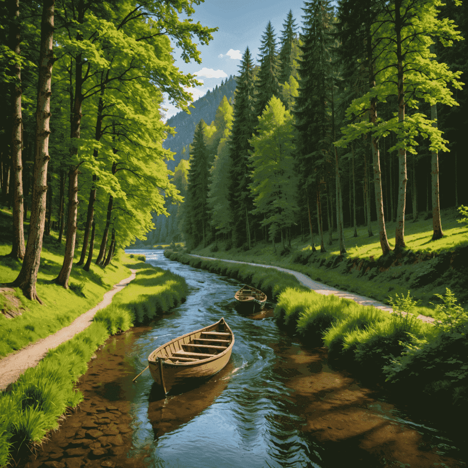 Malerischer deutscher Fluss, der sich durch einen dichten Wald schlängelt, mit einem traditionellen Holzboot