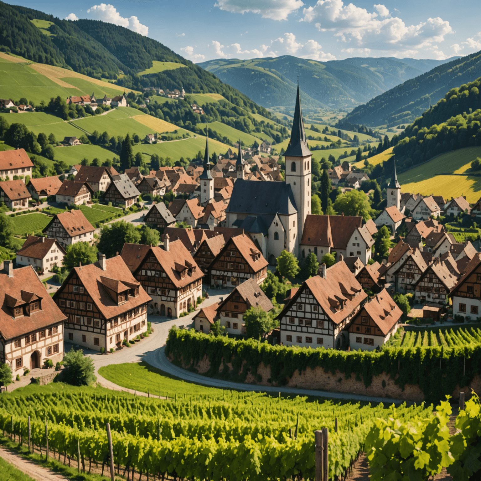 A charming German village nestled in a valley, with traditional half-timbered houses, a prominent church spire, and surrounding rolling hills covered in vineyards