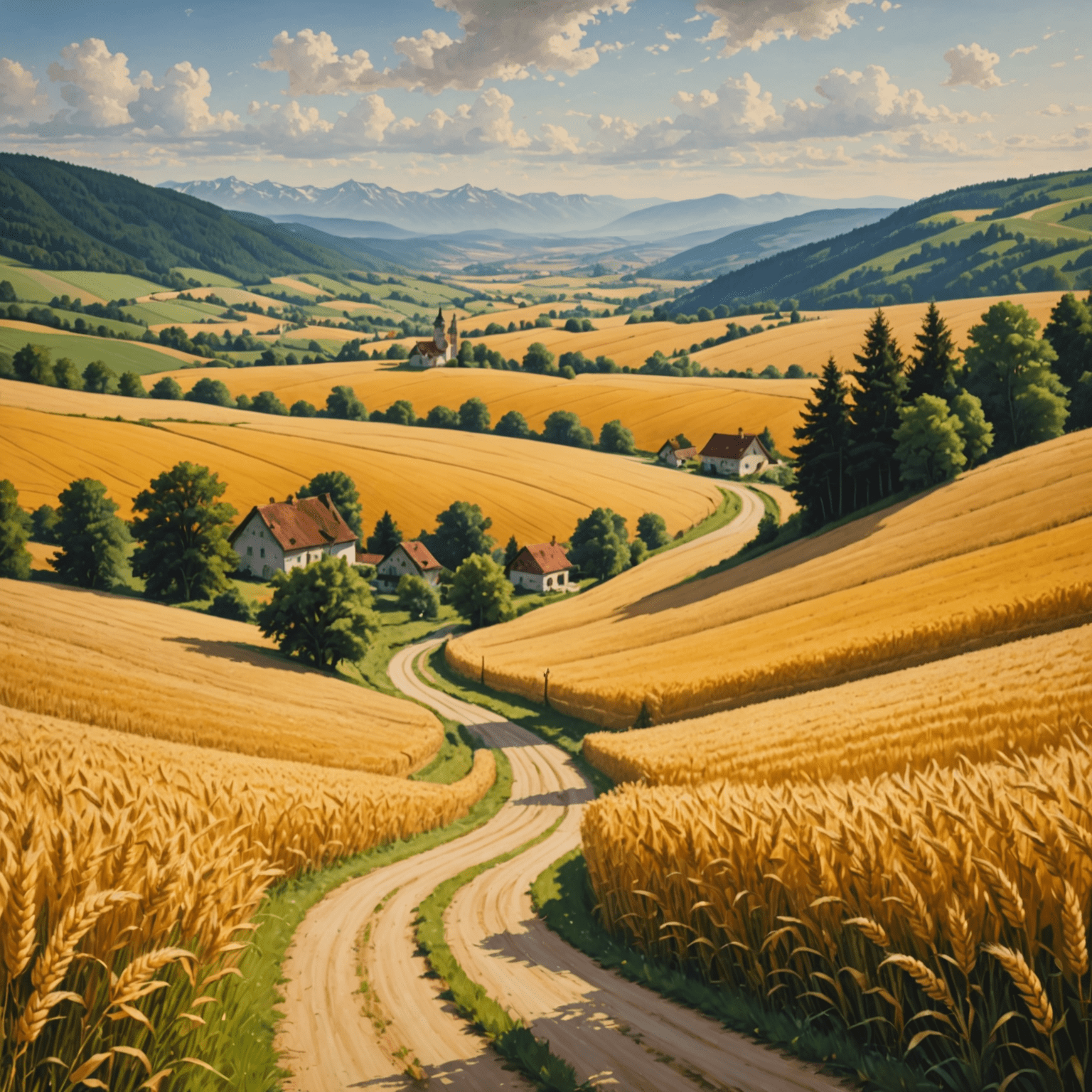 A serene view of the German countryside with a winding road leading through golden wheat fields, with distant forests and mountains