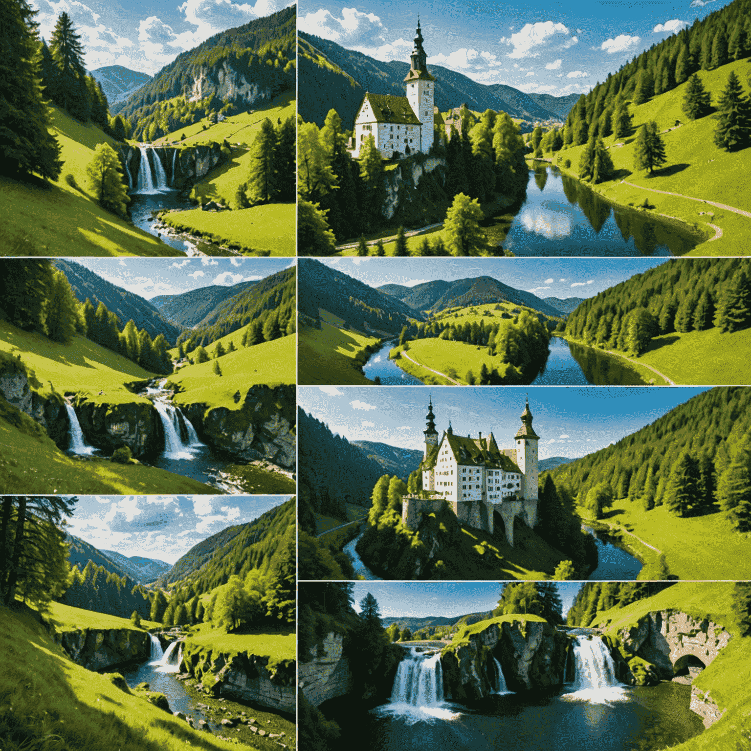 Eine Collage von weniger bekannten deutschen Landschaften, darunter ein versteckter Wasserfall im Schwarzwald, eine abgelegene Burg auf einem Hügel und ein idyllischer See in den bayerischen Alpen.