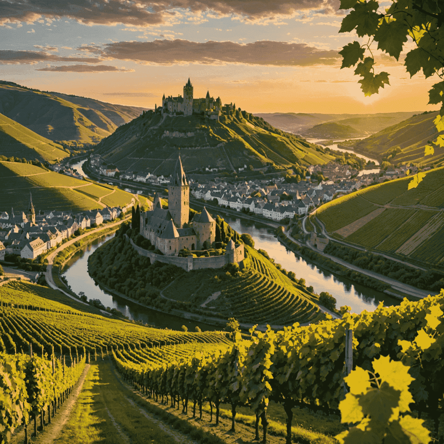 Sonnenuntergang über den Weinbergen der Mosel, mit steilen Hängen voller Rebstöcke, die sich bis zum Fluss erstrecken. Im Hintergrund ist eine mittelalterliche Burg zu sehen.