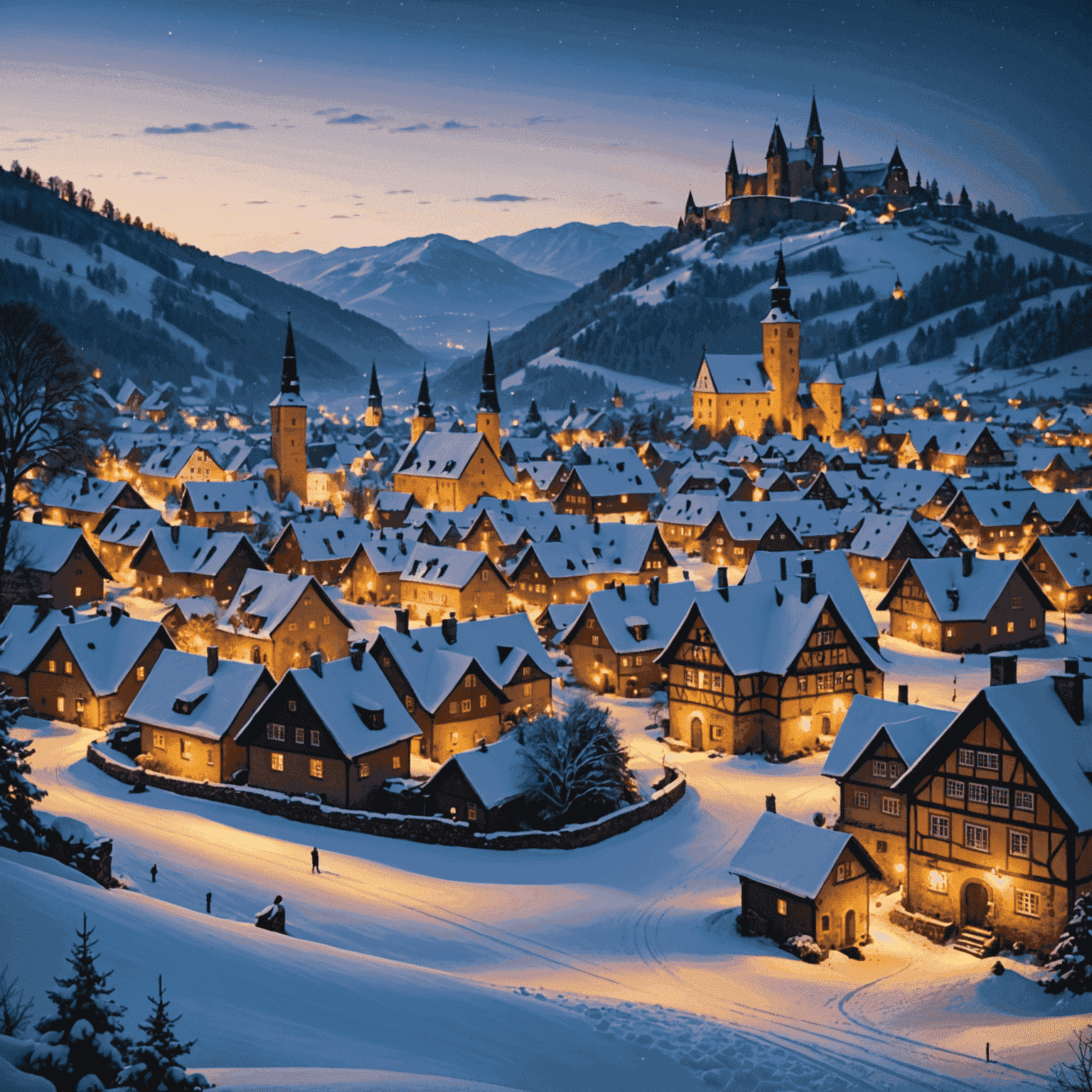 Snow-covered German village in winter, with twinkling lights and the silhouette of a castle on a distant hill
