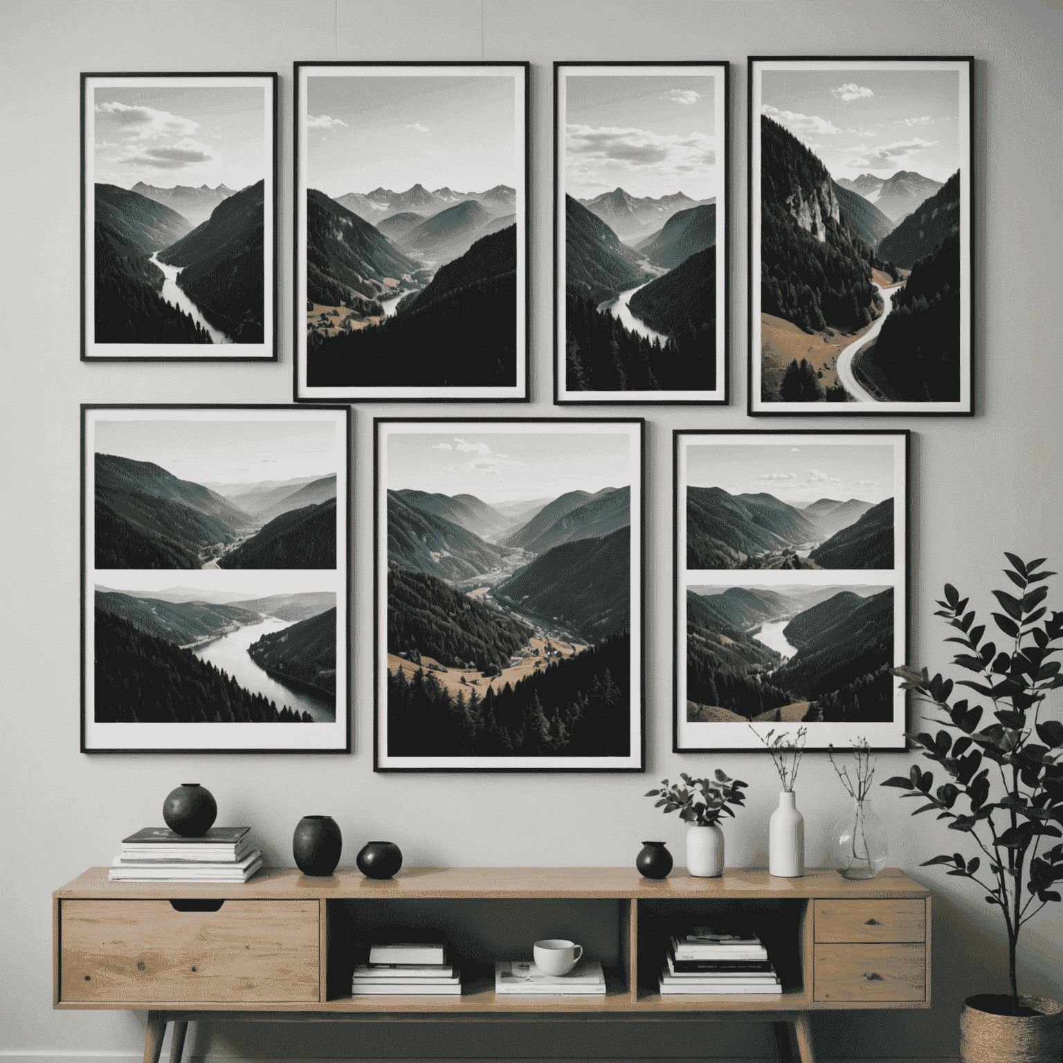 Eine Auswahl hochwertiger Drucke deutscher Landschaften, die an einer Galeriewand hängen, darunter Bilder vom Schwarzwald, der Ostseeküste und bayerischen Alpen