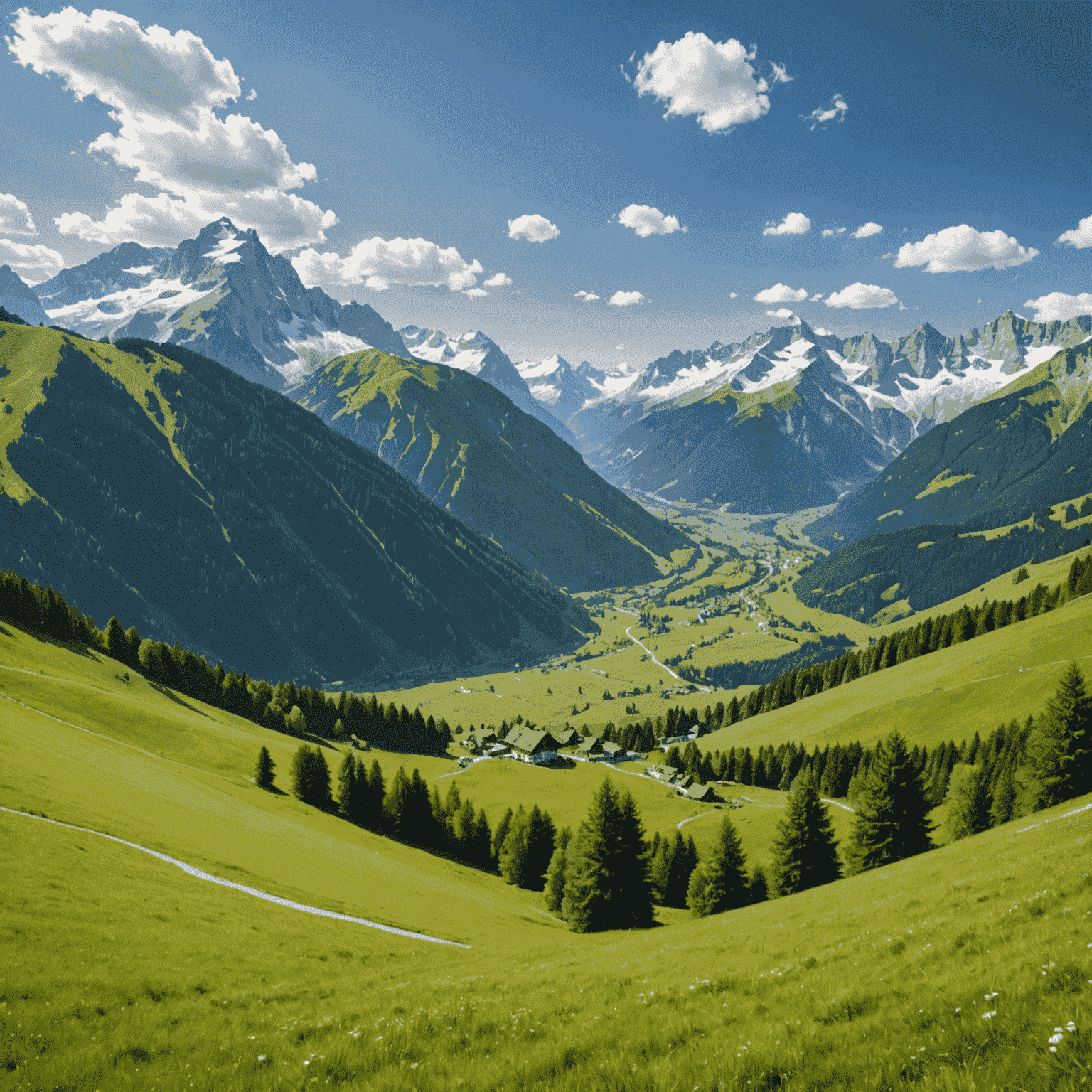 A sweeping view of the Alps from a German perspective, with lush green meadows in the foreground and snow-capped peaks in the distance