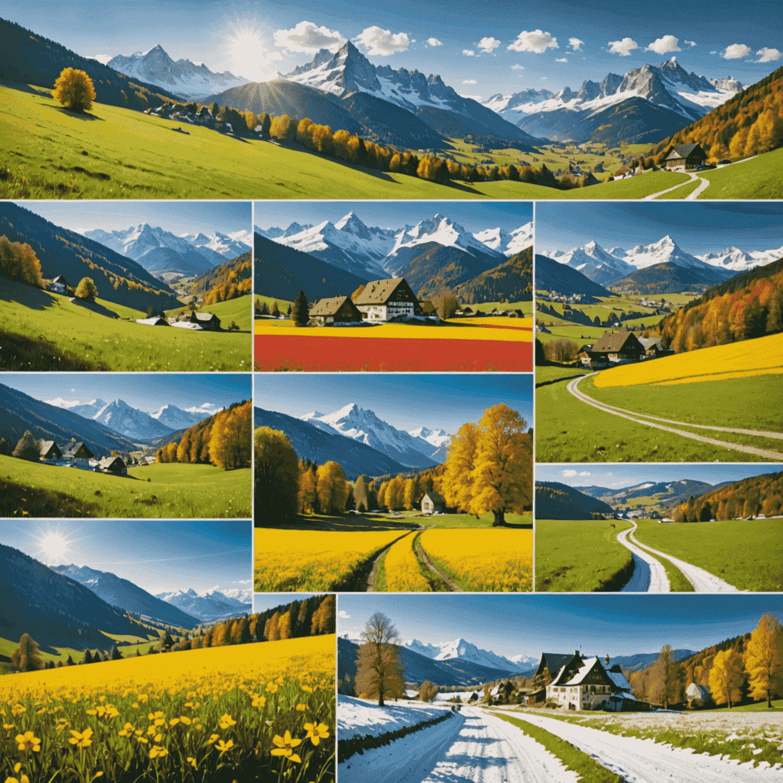 Eine Vier-Jahreszeiten-Collage einer typischen deutschen Landschaft: blühende Wiesen im Frühling, sonnige Felder im Sommer, bunte Wälder im Herbst und schneebedeckte Berge im Winter.