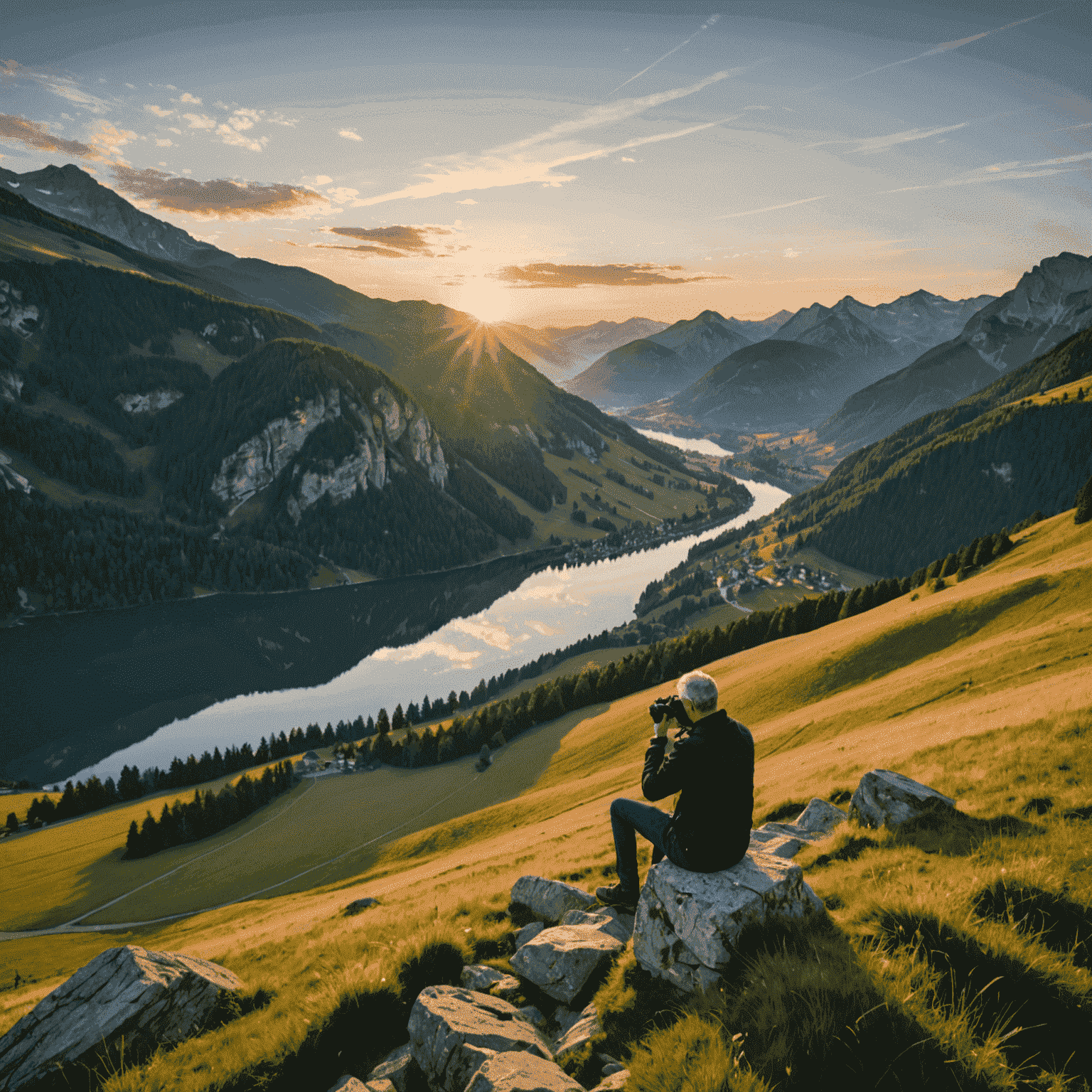Ein Fotografie-Workshop in einer malerischen deutschen Landschaft, wo Teilnehmer lernen, den Sonnenuntergang über einem See mit Bergen im Hintergrund einzufangen