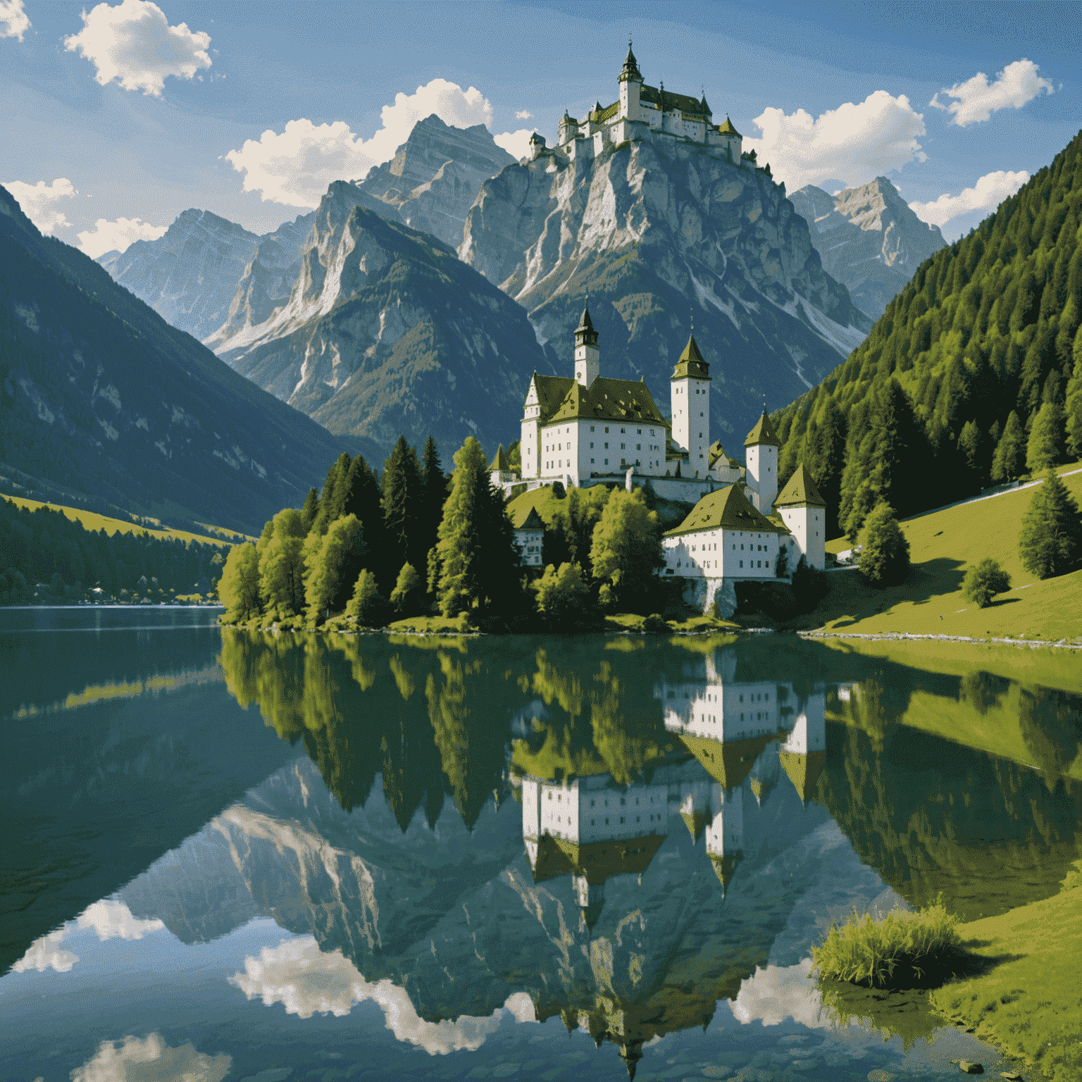 A serene lake in Bavaria reflecting the surrounding mountains and a traditional German castle perched on a nearby hill