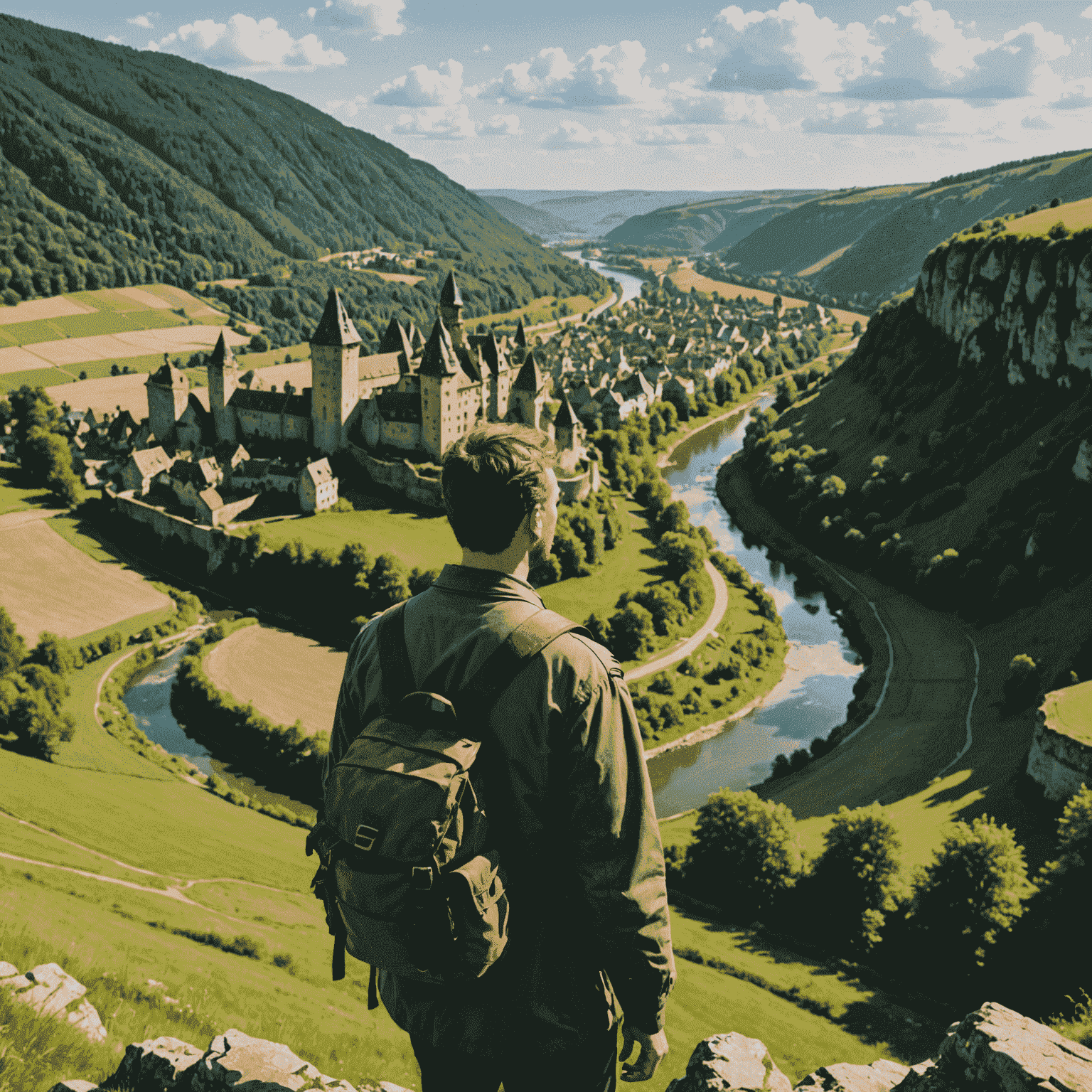Ein professioneller Standorterkunder, der eine atemberaubende Aussicht auf ein deutsches Tal mit einem mäandernden Fluss und mittelalterlichen Burgruinen begutachtet